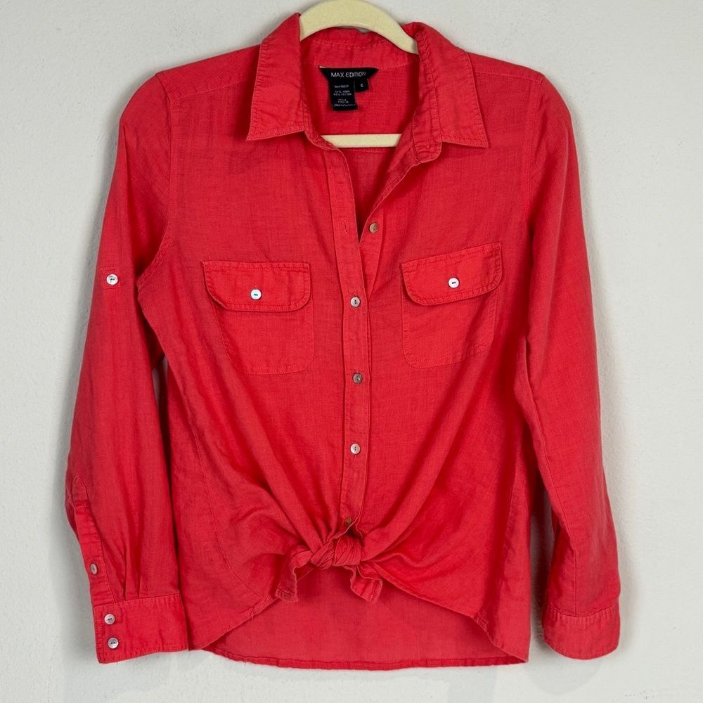 Max Edition Tie Front Button Down Linen Blend Convertible Sleeve Shirt S